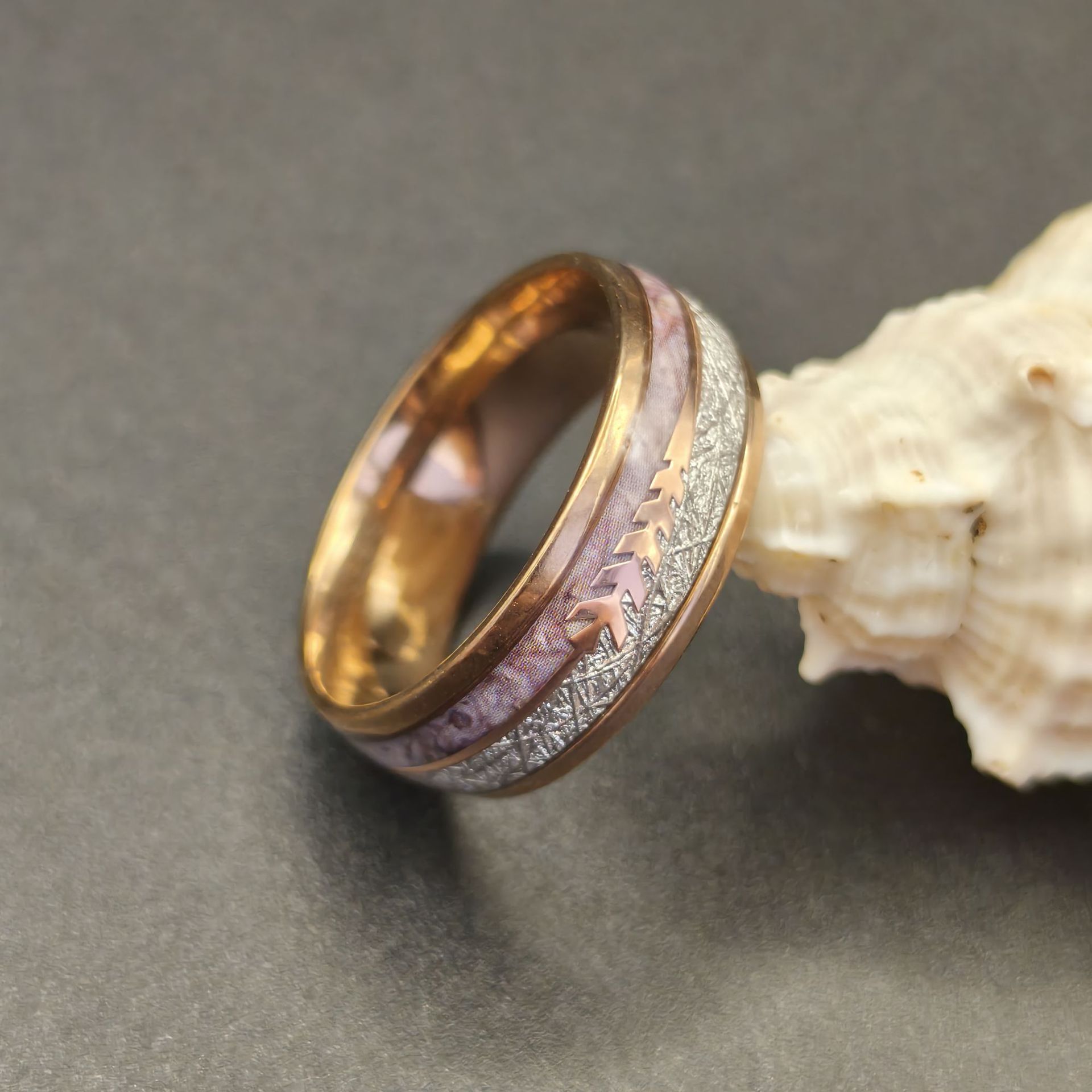 Inlaid Double Groove Marble Silver Stainless Steel Ring