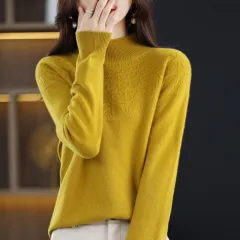 Hollow Wool Base Shirt Women's Clothing Half-collar Wool Sweater - Mustard Yellow - View 1