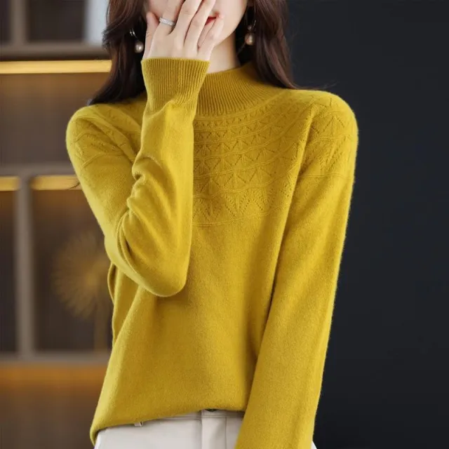 Hollow Wool Base Shirt Women's Clothing Half collar Wool Sweater Mustard Yellow - Shop at LoveMi