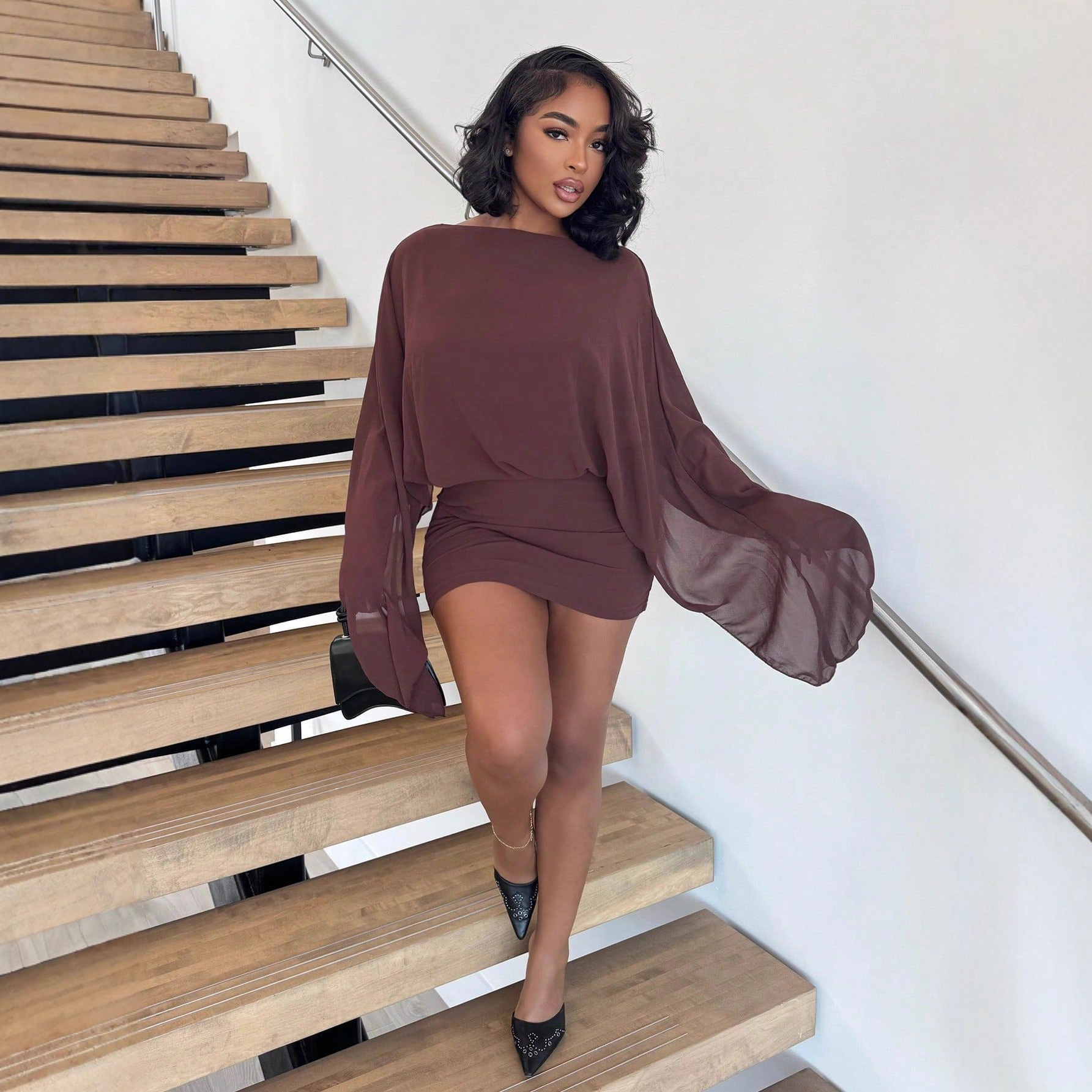 New Wine-red Off-shoulder Cloak-style Mini Dress