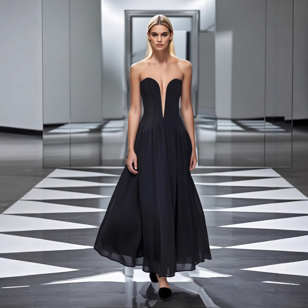 European And American Mesh Stitching Bandage One-piece Dress Deep V Birthday Graduation Season Dress