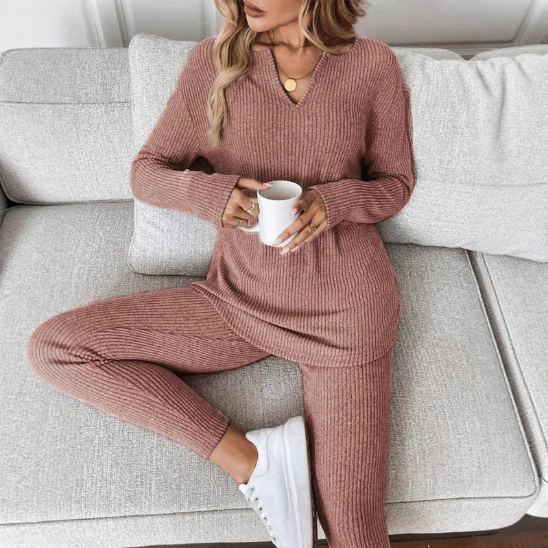V-neck Design Simple And Stylish Casual Loungewear Set For Women - Image 1