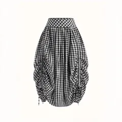 New Stylish Retro Black-and-white Plaid High-waisted Pleated Skirt With A Drawstring - Black - View 1