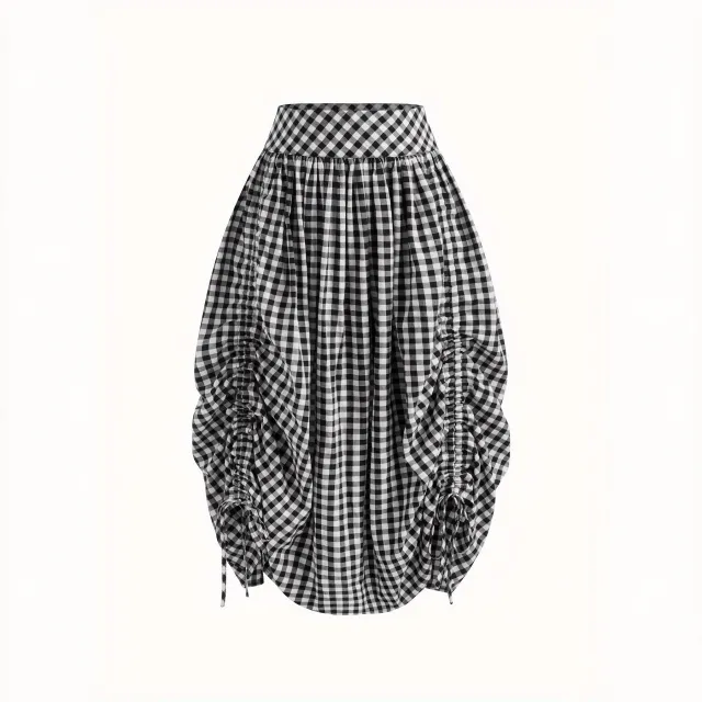 New Stylish Retro Black and white Plaid High waisted Pleated Skirt With A Drawstring Black - Shop at LoveMi