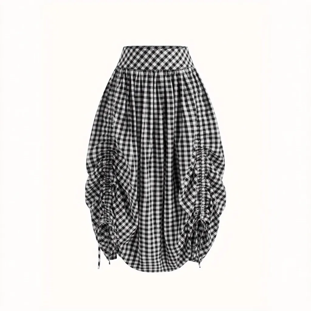 New Stylish Retro Black-and-white Plaid High-waisted Pleated Skirt With A Drawstring - Black