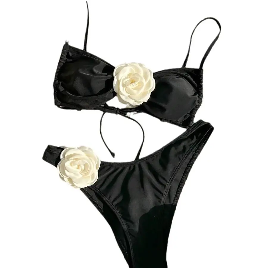 Sexy 3D Floral Bra Bikini With High Slit Solid Color Swimsuit Set