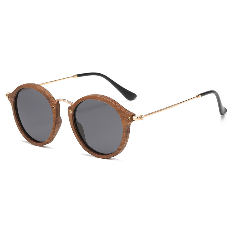 Women’s Casual All-matching Round Frame Walnut Wooden Sunglasses