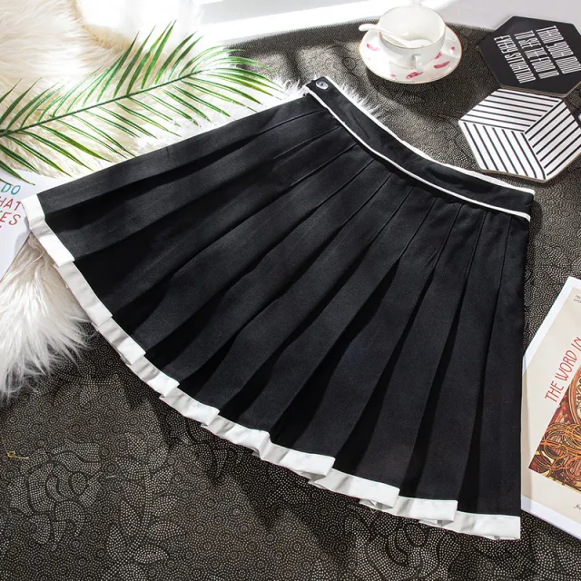 Contrast Color Pleated High waisted Red New Year A Line Skirt Black - Shop at LoveMi