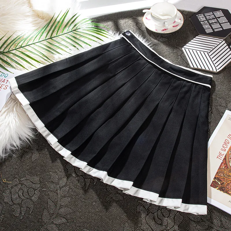 Contrast Color Pleated High-waisted Red New Year A- Line Skirt - Black