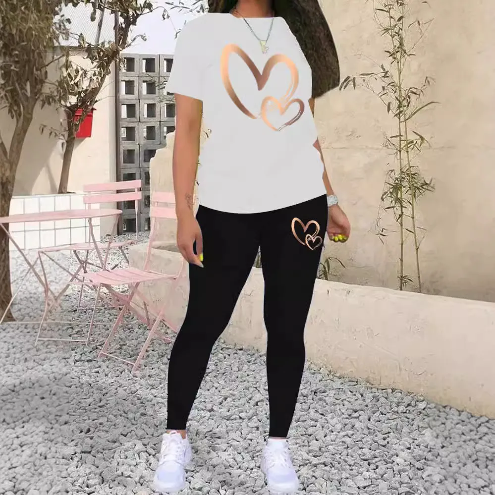 Women's Fashion Gradient Gold Mind Act Upon Mind Heart Printing Casual Suit Short Sleeve T-shirt - White