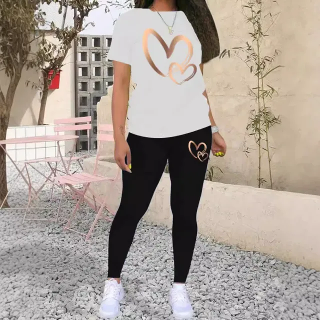 Women's Fashion Gradient Gold Mind Act Upon Mind Heart Printing Casual Suit Short Sleeve T shirt White - Shop at LoveMi