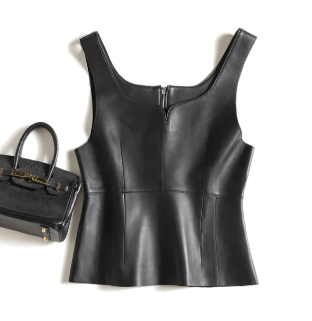 Outer Wear Genuine Leather Small Sling Vest Coat Black - Shop at LoveMi