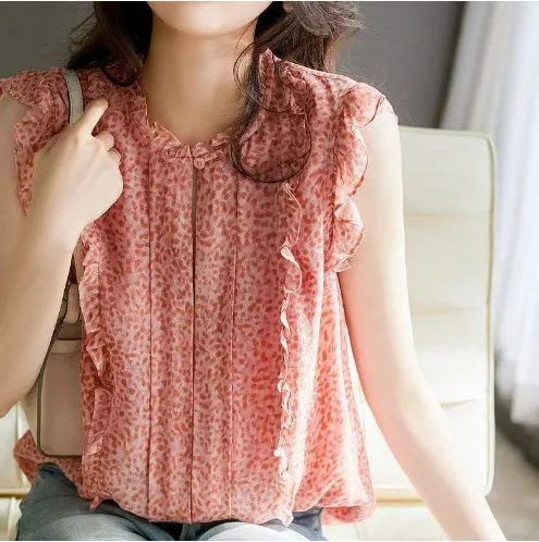 Sleeveless Ruffled Floral Women's Loose Sweet Chiffon Printed Top Red Polka Dot - Shop at LoveMi