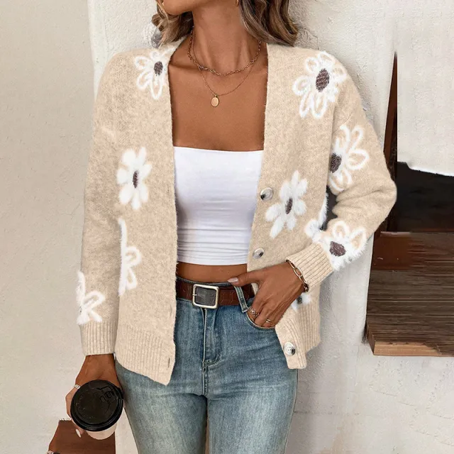 Flowers Print Button Front Cardigan Apricot - Shop at LoveMi