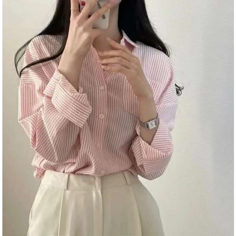 Casual Elegant High-rise Wide Striped Long Fleece Shirt Women's Top