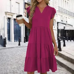 New Women's Spring And Summer Casual Loose V-neck Dress - Rose Red - View 1