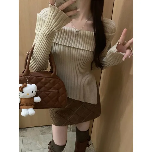 Irregular Off shoulder Sweater For Women Autumn And Winter Oatmeal Color M - Shop at LoveMi