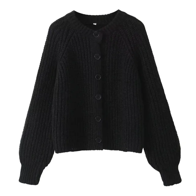 Women's Puff Sleeve Knitted Cardigan Sweater Black - Shop at LoveMi