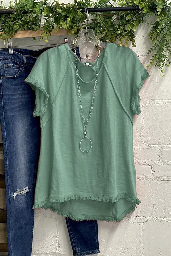 Solid Color Cotton Tassel Design Short Sleeve Round Neck T shirt Green - Shop at LoveMi
