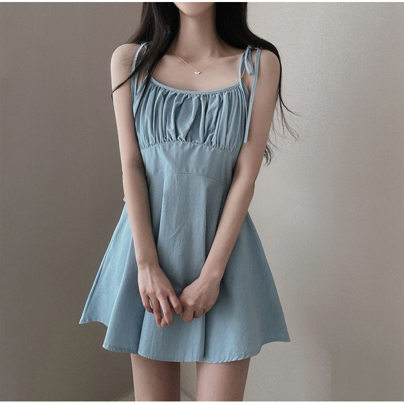 Vintage Crumpled A- Line Tied Spaghetti-strap Dress