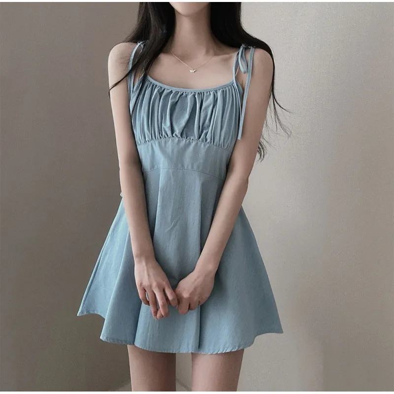 Vintage Crumpled A- Line Tied Spaghetti-strap Dress - Light Blue
