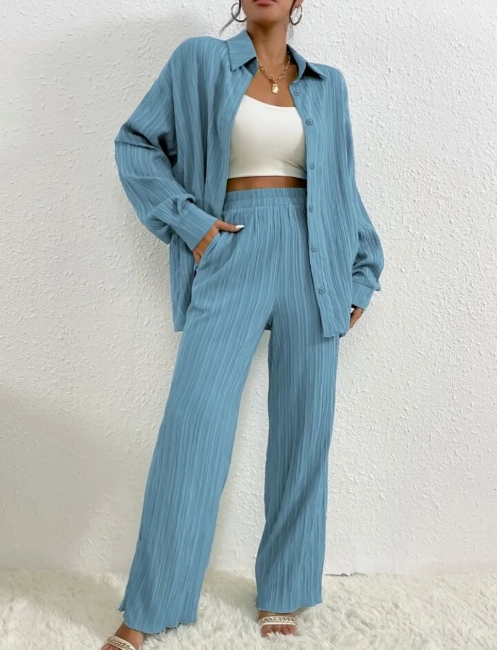 European And American Women's Clothing Solid Color Loose Drooping Smooth Pleated Casual Two-piece Suit - Blue