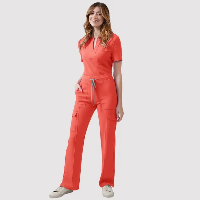 V neck Casual Top Pants Suit Work Clothes Brush Hand 82026 Orange - Shop at LoveMi
