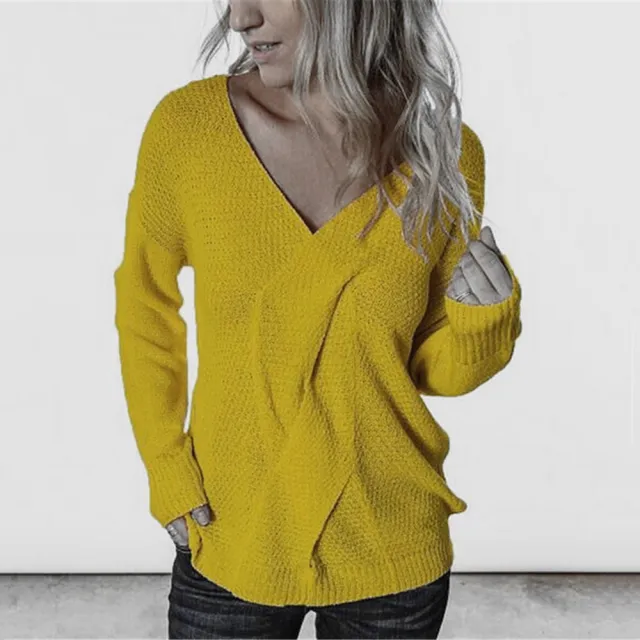 V neck Casual Twist Patchwork Knitting Top Yellow - Shop at LoveMi