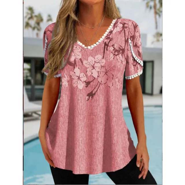 Loose Ruffled V neck Short sleeved Printed Top Casual Shirt Peach L - Shop at LoveMi