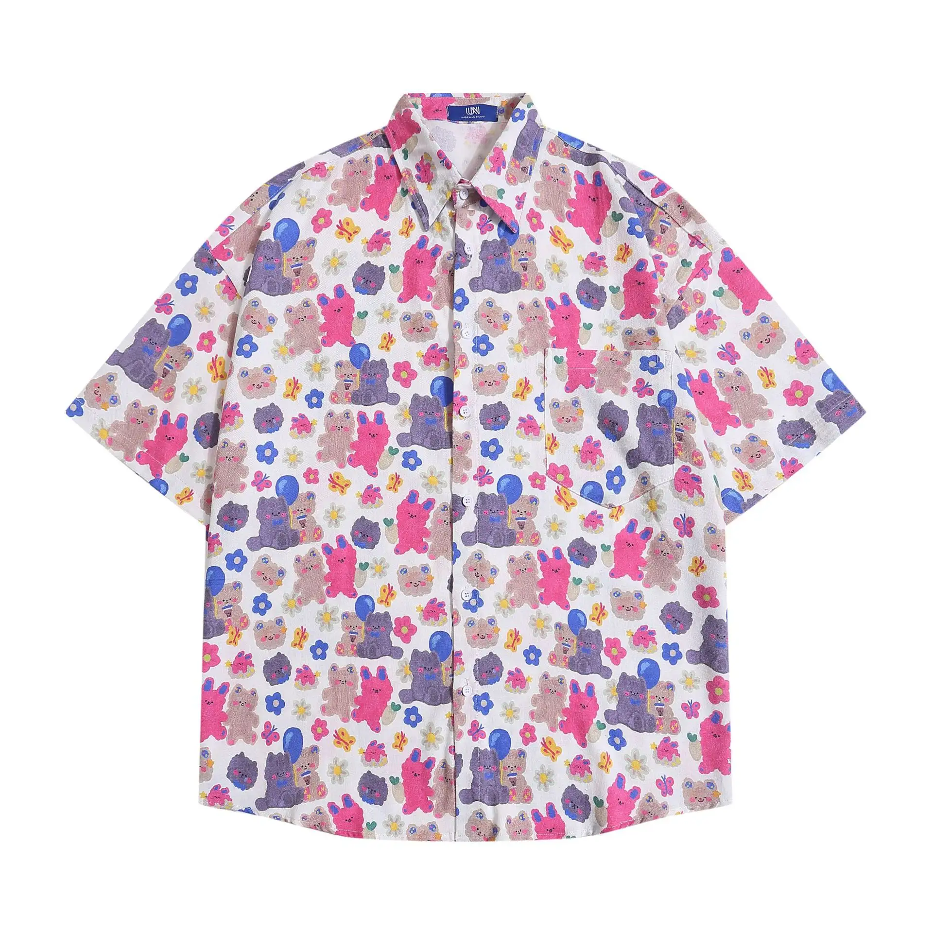Full Printed Animal Cartoon Bear Short Sleeve Casual Shirt