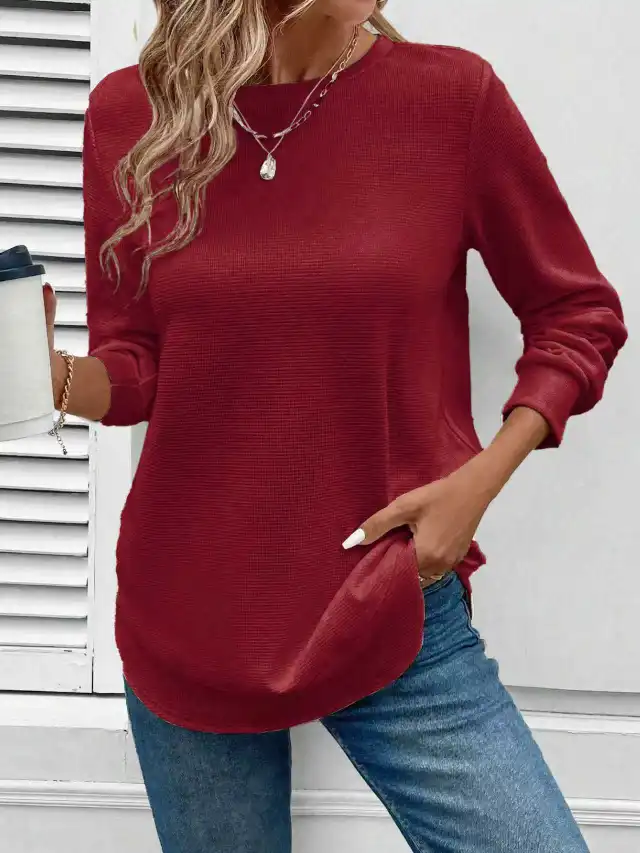 Women's Solid Color Round Neck Loose Stylish Sweatshirt Wine Red - Shop at LoveMi