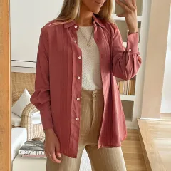 Cardigan Single-breasted Lapel Long Sleeve Shirt Women's Fashion - Rosewood Colour - View 1