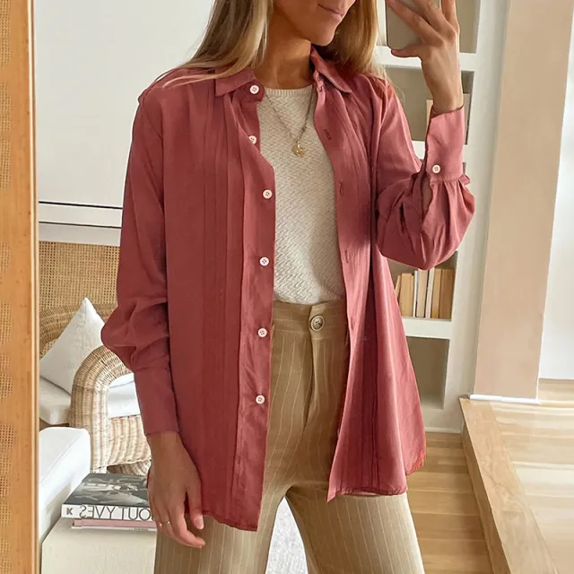 Cardigan Single breasted Lapel Long Sleeve Shirt Women's Fashion Rosewood Color - Shop at LoveMi