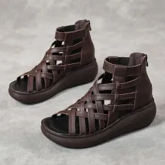 New Ethnic Style Retro Wedge Sandals Women's Casual Bag Heel Sandal Boots Cowhide Fish Mouth Sandals - Brown - View 1