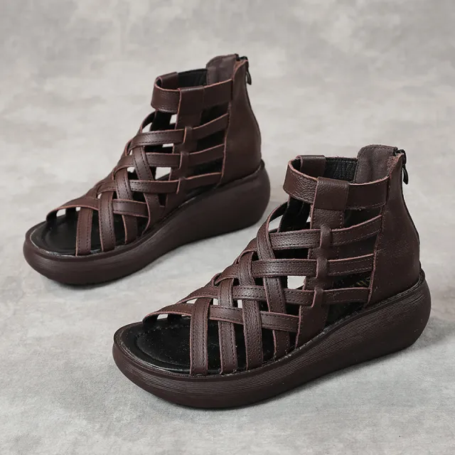 New Ethnic Style Retro Wedge Sandals Women's Casual Bag Heel Sandal Boots Cowhide Fish Mouth Sandals Brown - Shop at LoveMi