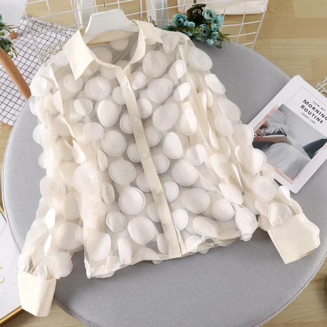 Women's Three dimensional Flower Chiffon Gauzy Shirt Apricot - Shop at LoveMi