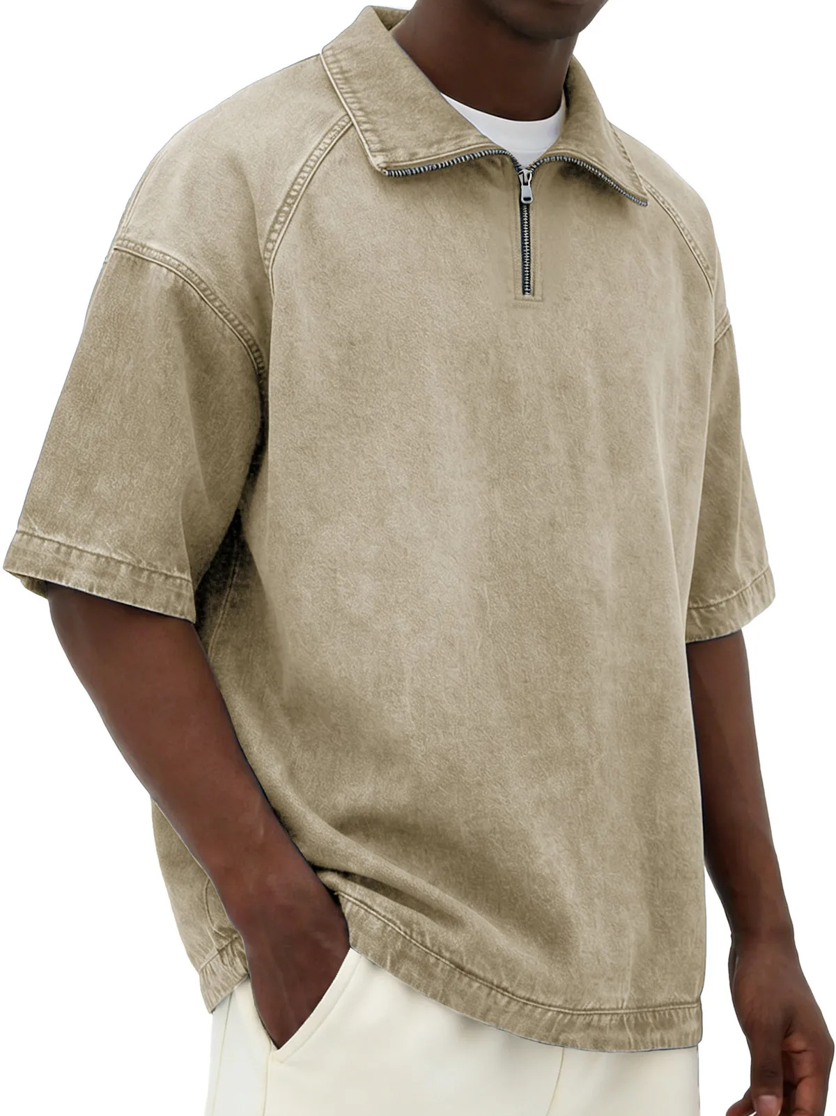 Mens Short-sleeve Lapel Zip-up T-shirt