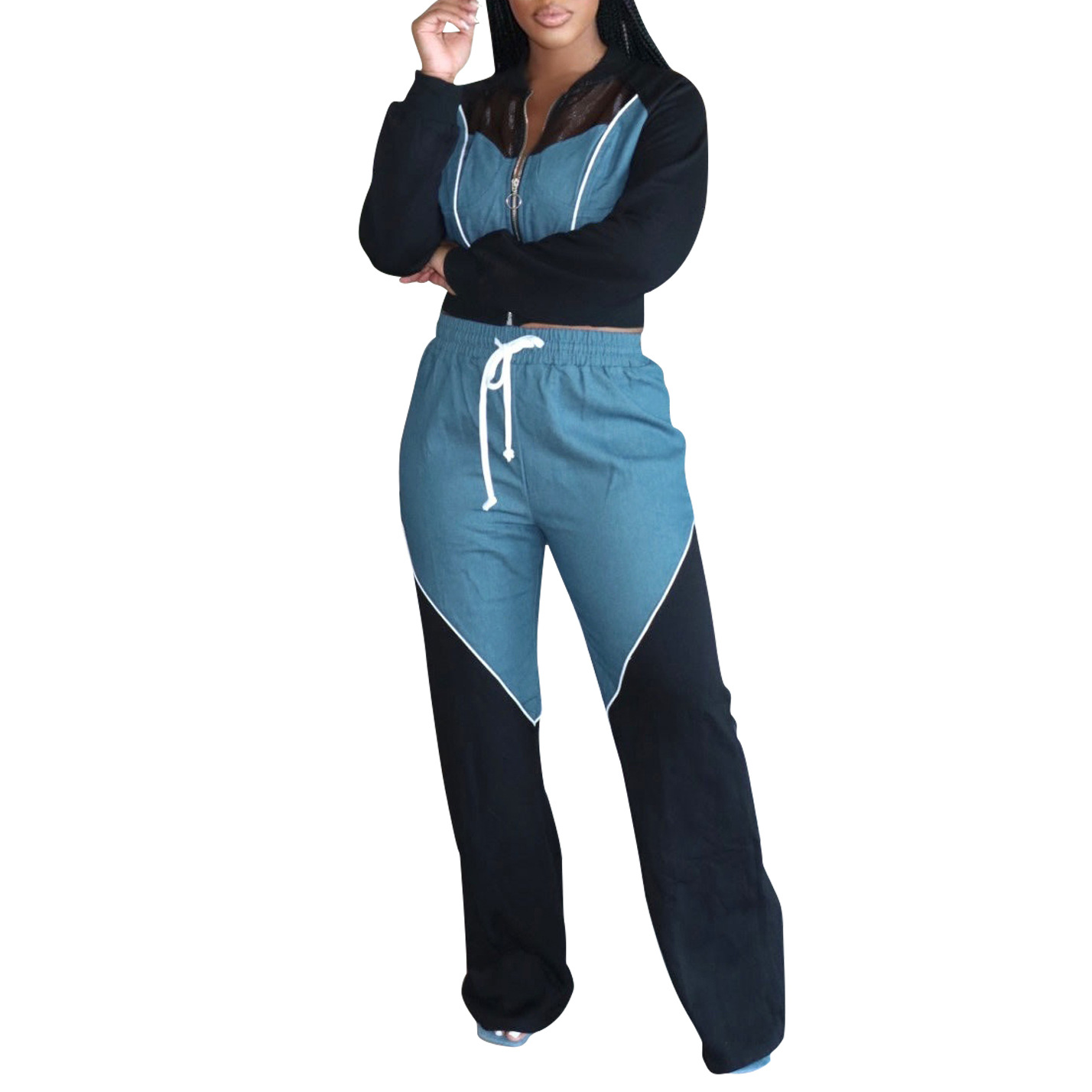 European And American Women's Clothing Denim Stitching Sports Sweater Suit