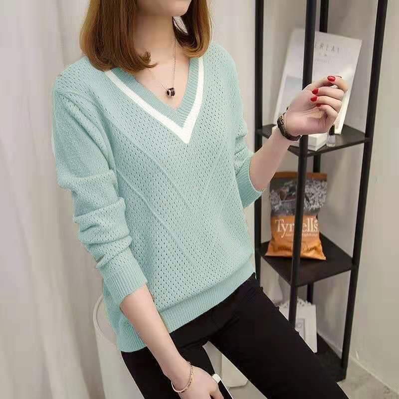 Spring And Autumn Women's Pullover Short Loose-fitting Oversized Sweater Thin Long Sleeve Bottoming Hollow Shirt