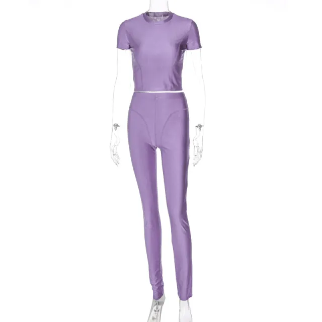 Women's New Round Neck Short Sleeve T shirt Slim Fit Hip Raise Trousers Two piece Set Purple - Shop at LoveMi