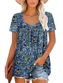 Women's Clothing Square Collar Short Sleeve Printed Loose T-shirt - Blue - View 1