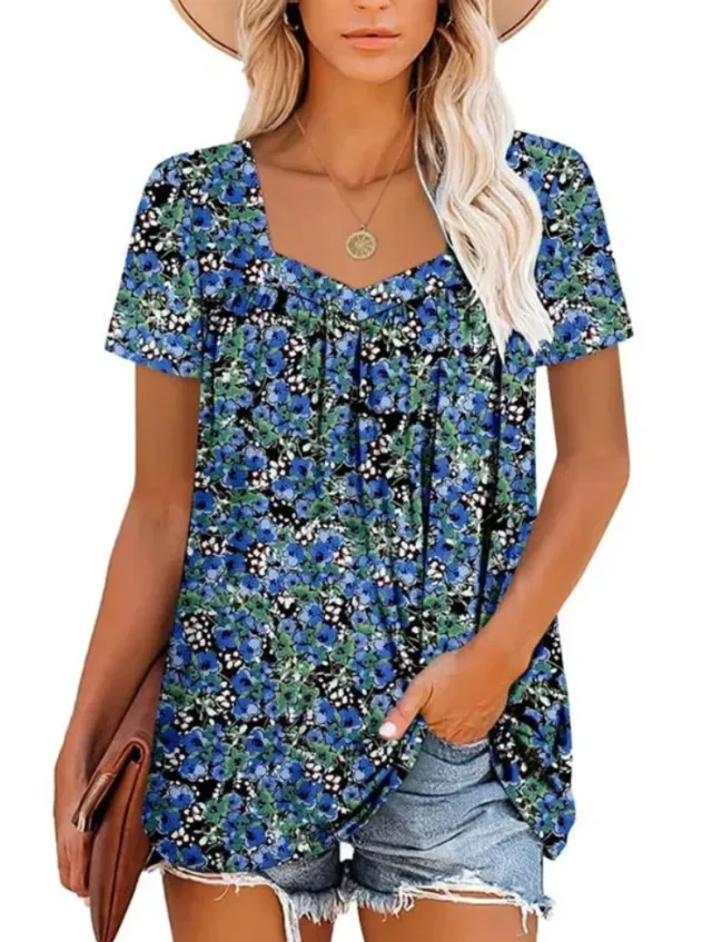 Women's Clothing Square Collar Short Sleeve Printed Loose T shirt Blue - Shop at LoveMi