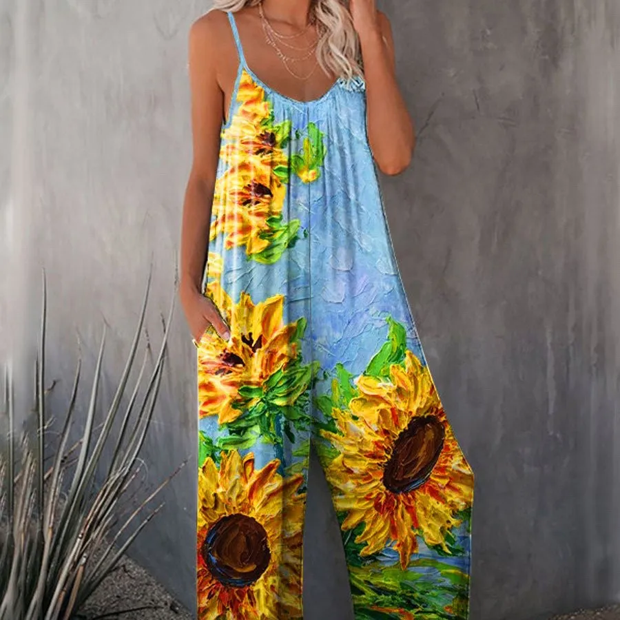 Spring And Summer Bohemian Style Sunflower Print Pleated Suspenders - Sunflower-S