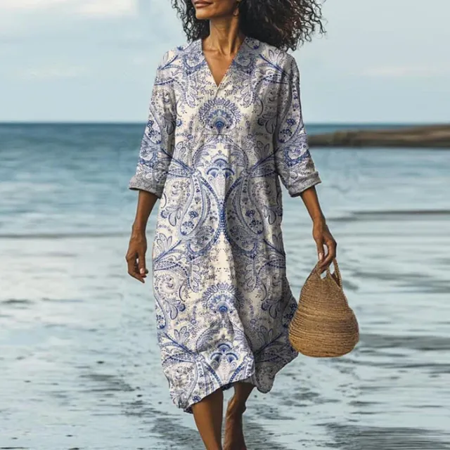 Beach Vacation Digital Printing V neck Dress Seaside Blue - Shop at LoveMi