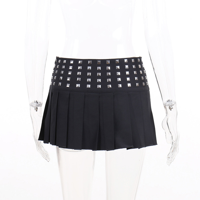 Title 15, Trendy Studded High Stretch Black Pleated Skirt...