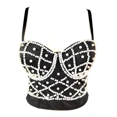 Women's Fashionable Elegant Pearl Spaghetti-strap Camisole Top With Chest Pad - Black Background White Pearl - View 1
