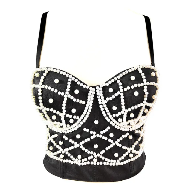 Women's Fashionable Elegant Pearl Spaghetti strap Camisole Top With Chest Pad Black Background White Pearl - Shop at LoveMi