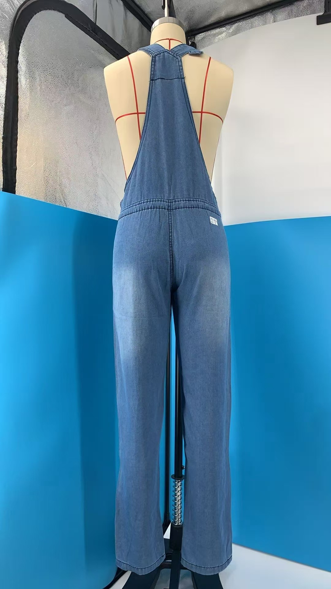Women's wide-leg overall jumpsuit – light blue front and side view