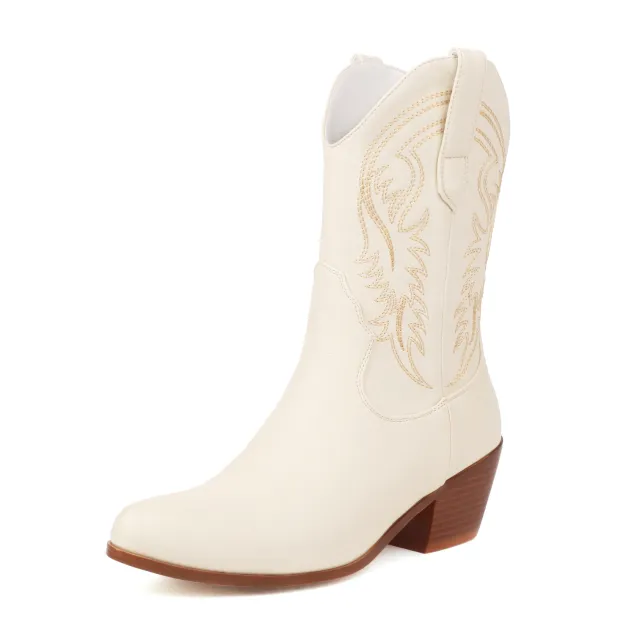 Women's Fashionable Simple Thick Mid Heel Sleeve Embroidered Ankle Boots Beige - Shop at LoveMi