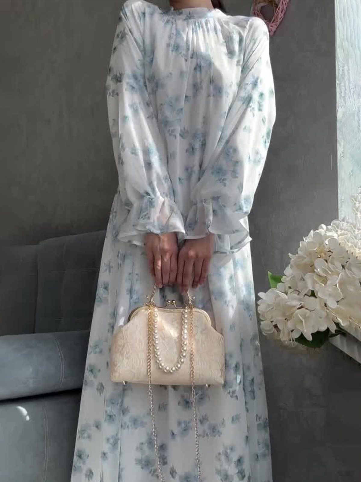 Elegant Stylish Temperament Long Sleeves Long Skirt Floral Dress White - Shop at LoveMi